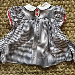 Girls 12-18mo Beaufort Bonnet Navy & White Check Puff Sleeve Dress with Red Trim
